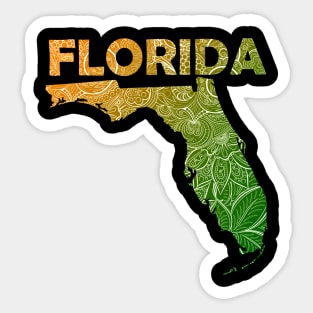 Colorful mandala art map of Florida with text in green and orange Sticker